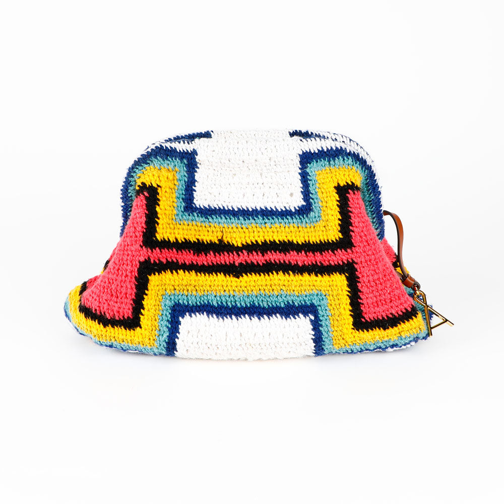Colorful Florence Skin Pik hand woven Bilum bag with geometric pattern on a white background