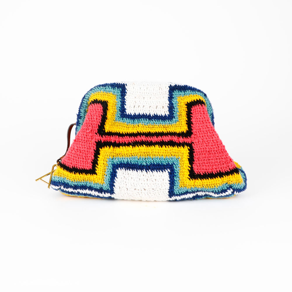 Colorful Florence Skin Pik hand woven Bilum bag with geometric pattern, reverse view, on a white background