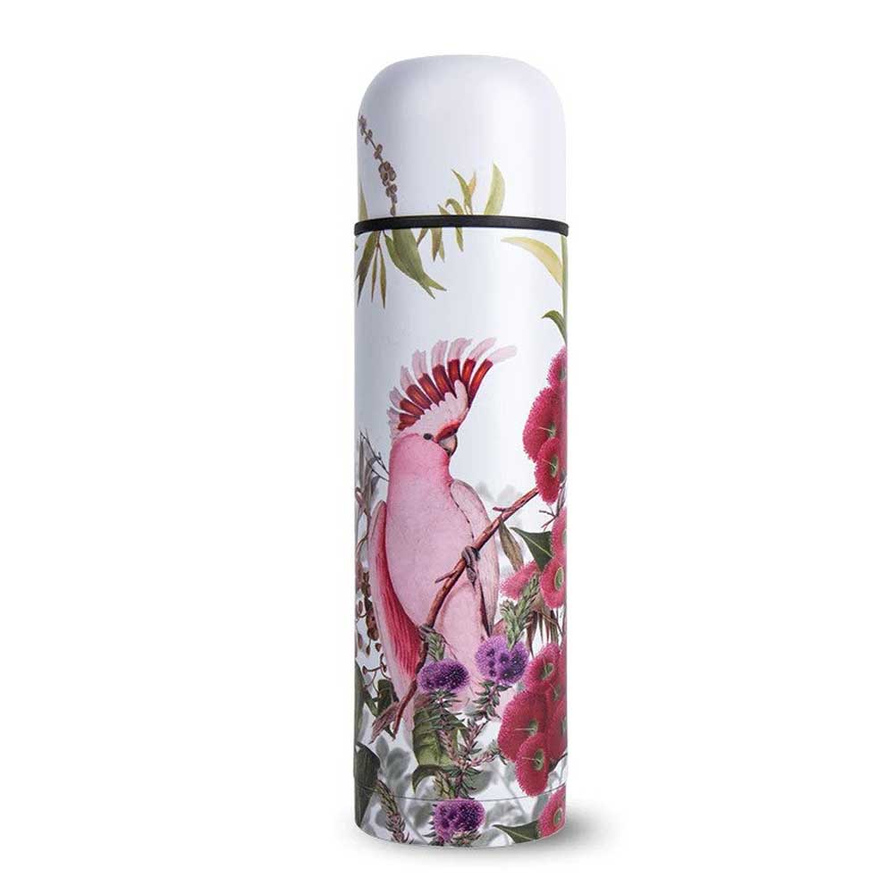 Flowering gum  illustrated stainless steel thermal tea flask on white background for Australian Museum Shop online