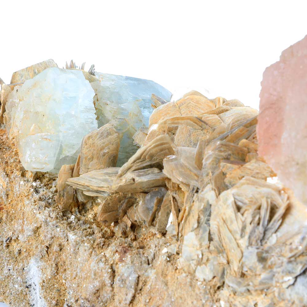 Extraordinary Aquamarine with pink and green Fluorite on fluorite and muscovite mica. photographed on white background for Australian Museum Shop online