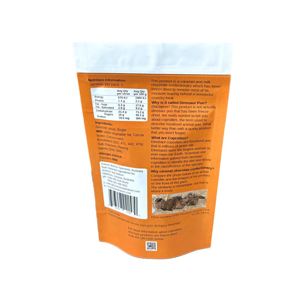 Freeze dried dinosaur poo bag 20g serving on white background