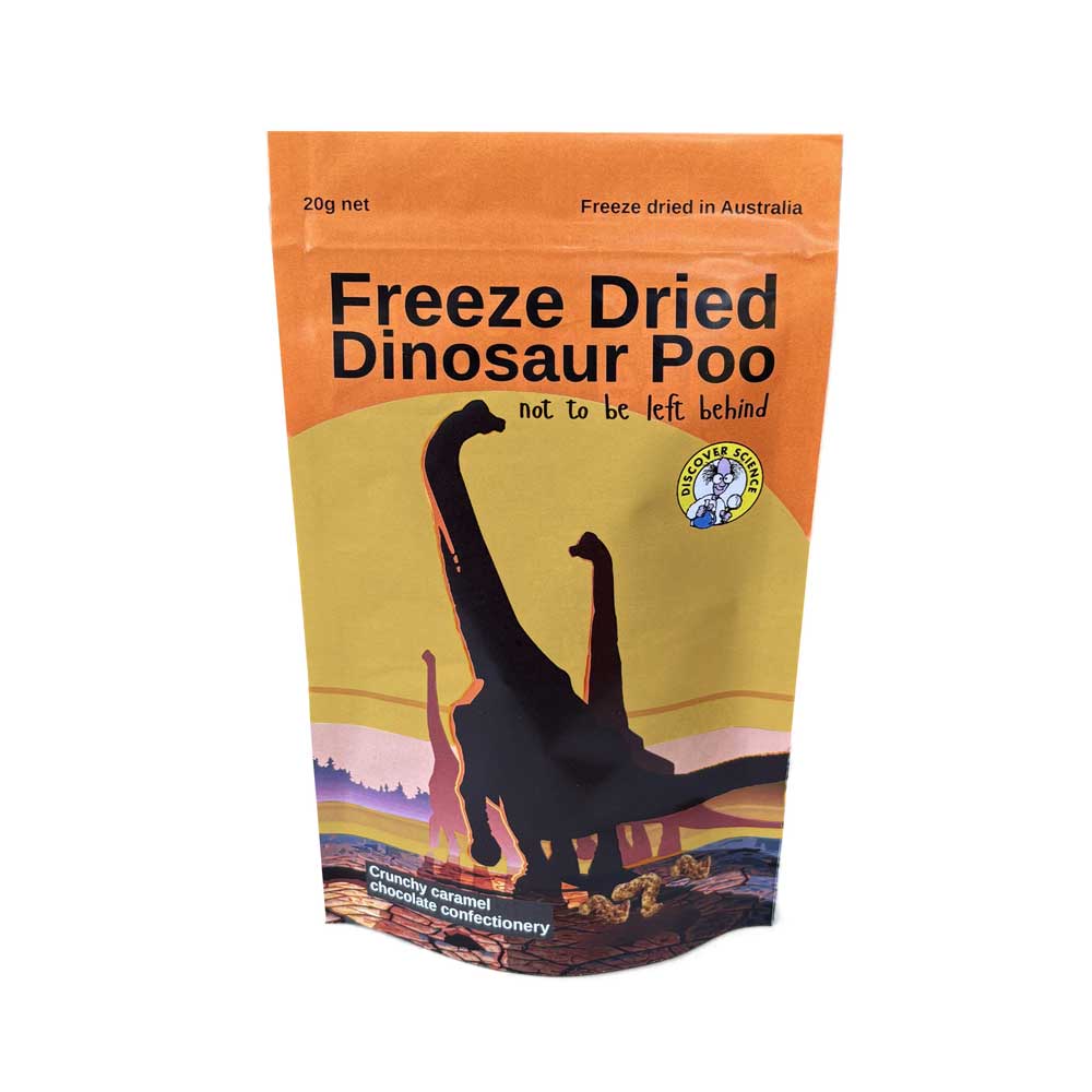 Freeze dried dinosaur poo bag 20g serving on white background