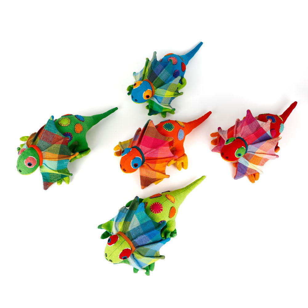 Spotty Frill-Neck Lizard toys handmade from handwoven fabric by Barefoot Toys, on white background