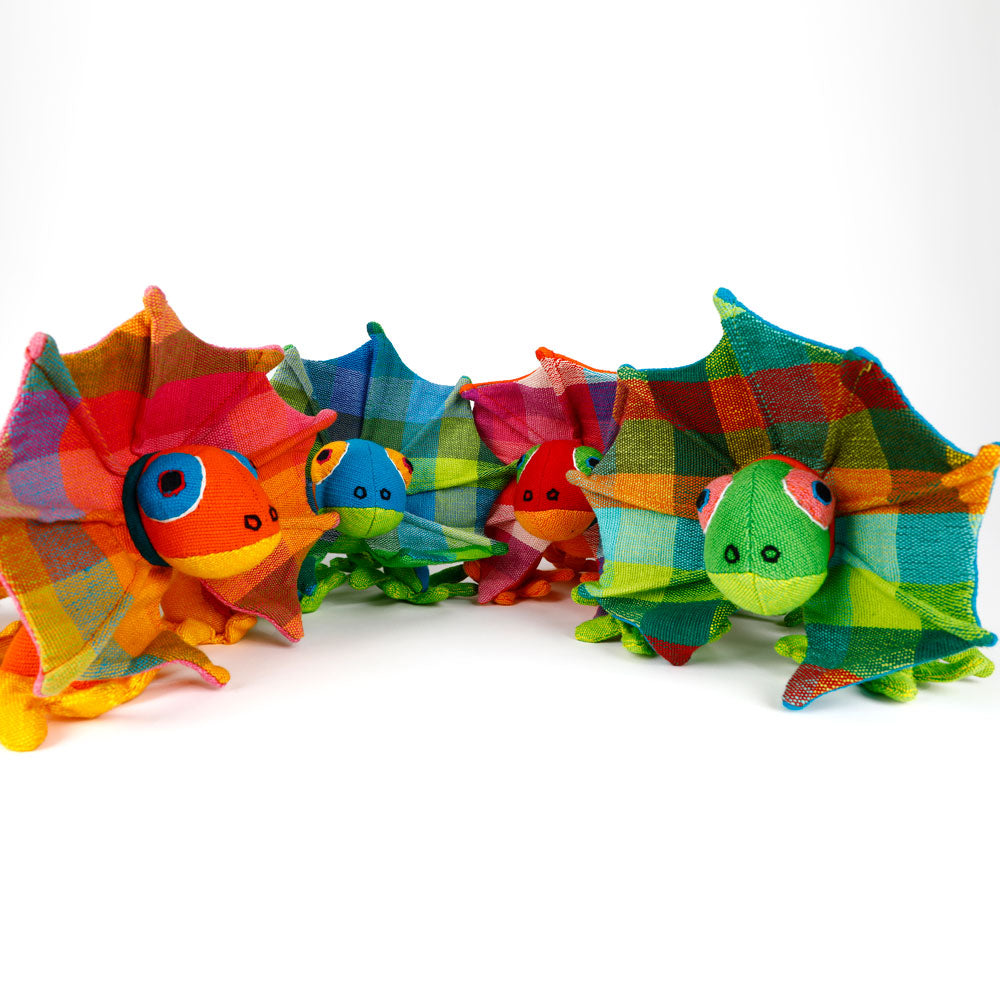 Spotty Frill-Neck Lizard toys handmade from handwoven fabric by Barefoot Toys, on white background