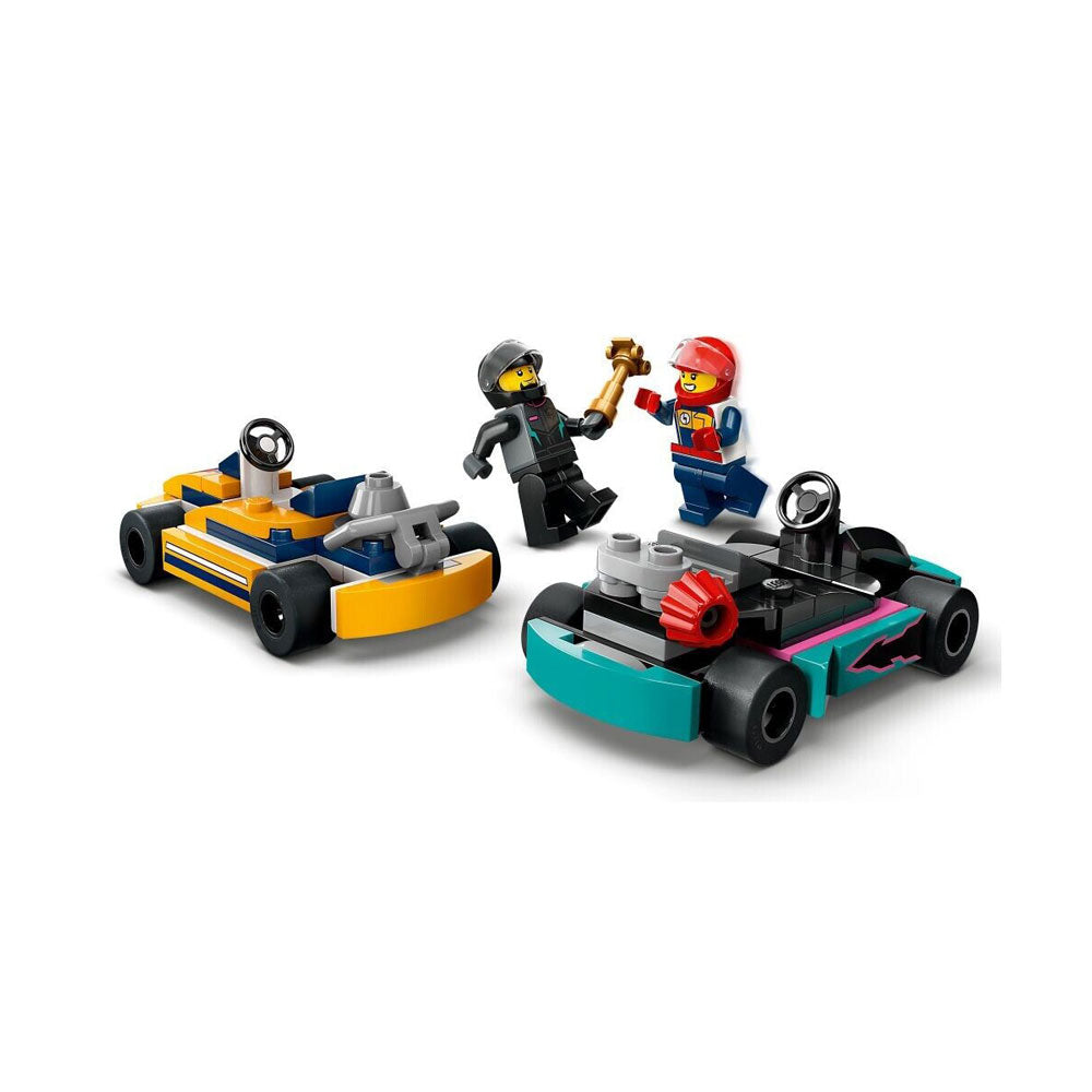 Two LEGO go-karts with two figures on a white background