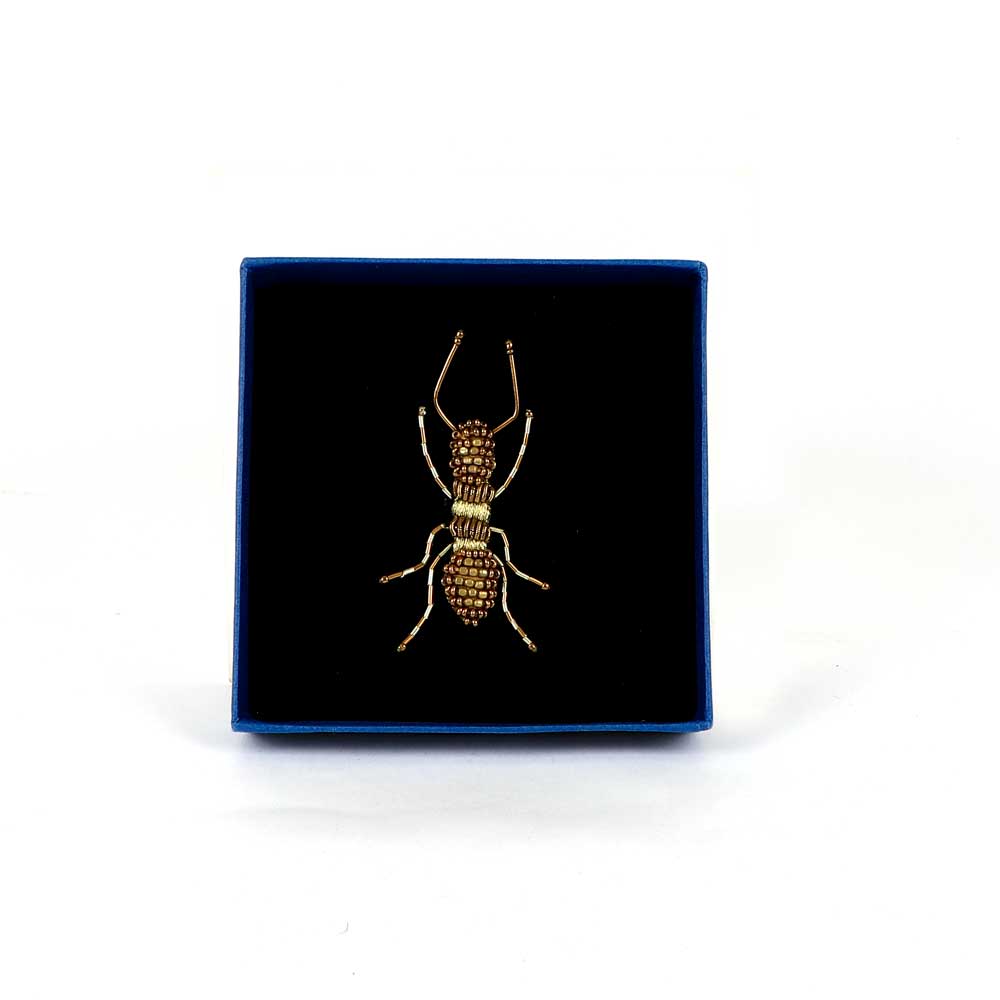 Trovelore Beaded nature brooch hand made in india on white background. Gold ant