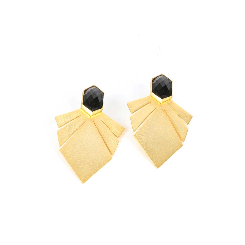 Gold fan earrings with onyx detail on white background