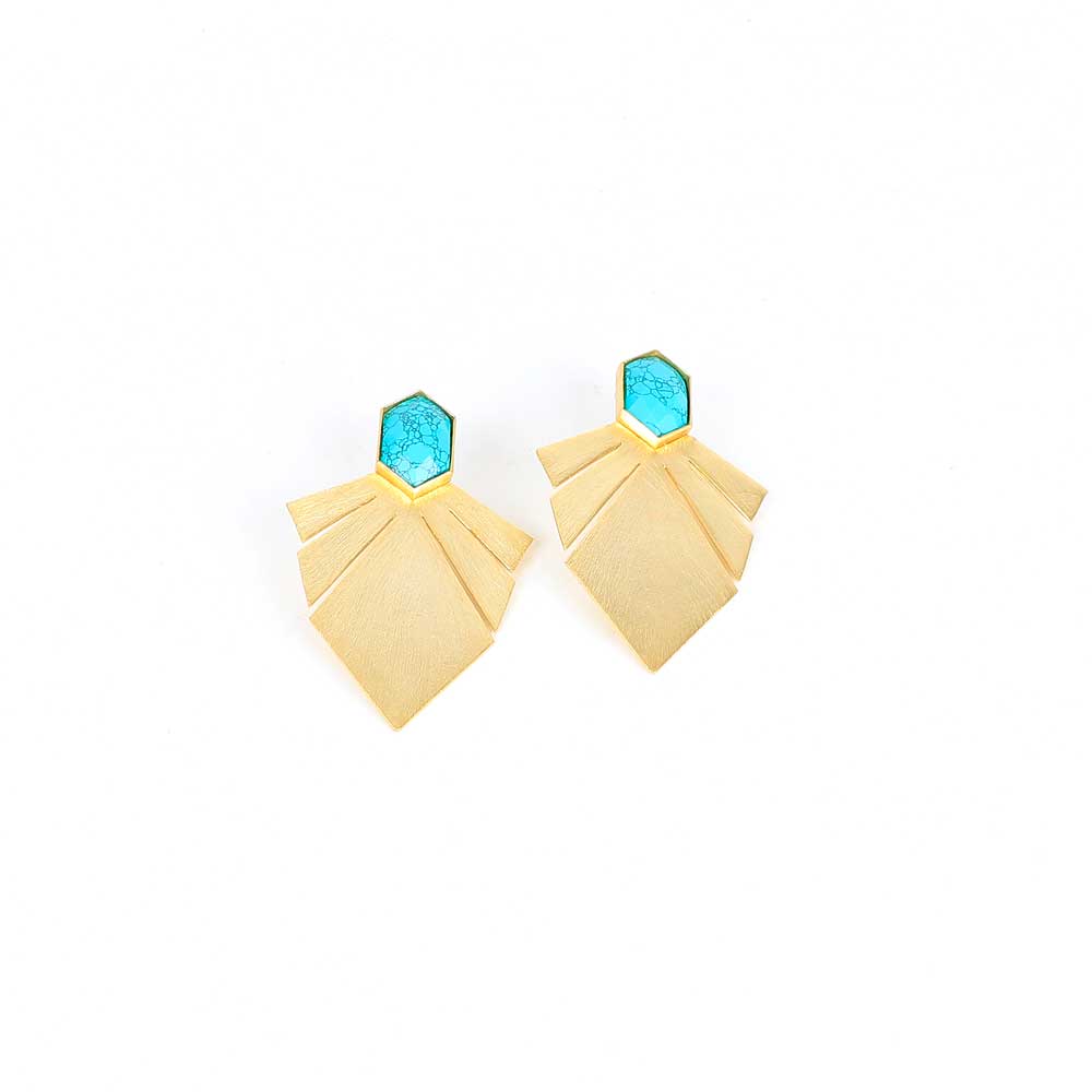 Gold fan earrings with turquoise detail on white background