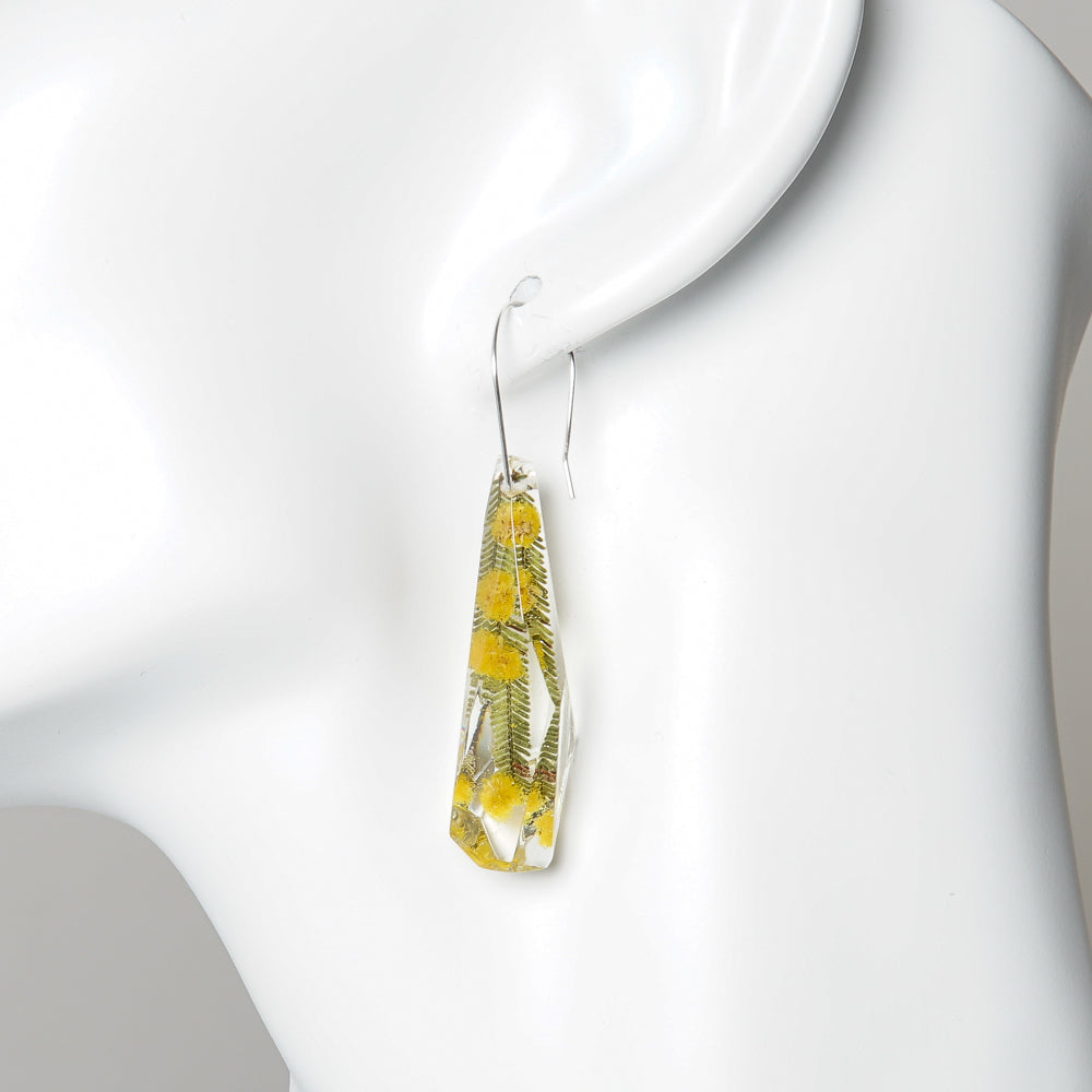 Golden wattle facetted dangle earrings on white background for Australian Museum Shop online