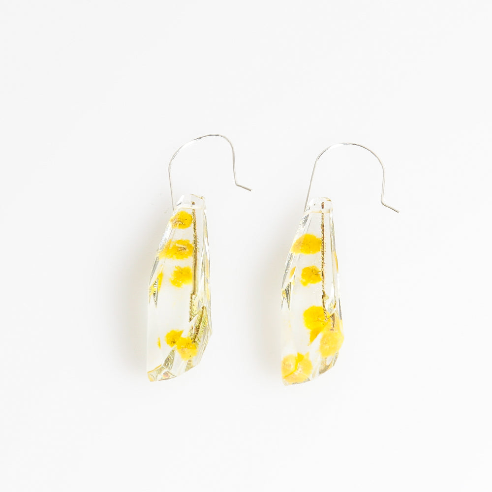 Golden Wattle facetted dangle earrings on white background for Australian Museum Shop online