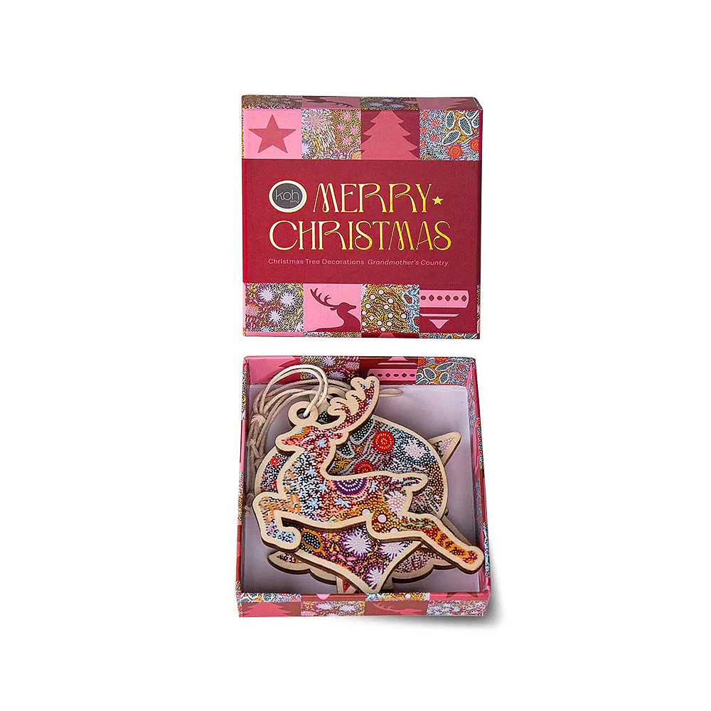 Christmas wooden hanging ornaments on white background for Australia Museum Shop online