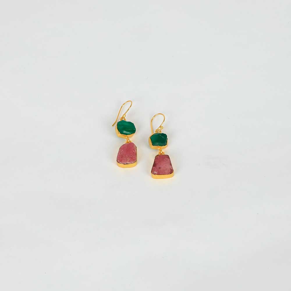 Green Onyx and Raw Ruby Earrings on white background