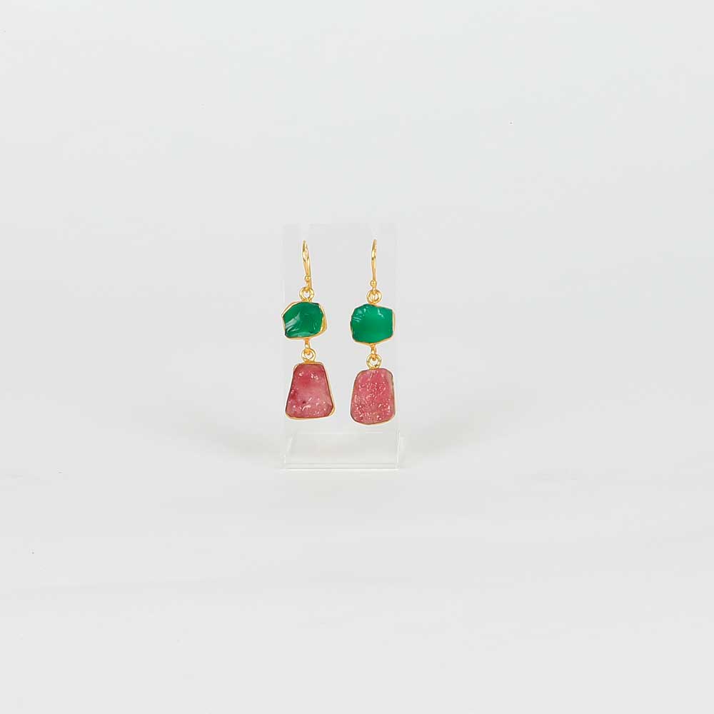 Green Onyx and Raw Ruby Earrings on white background