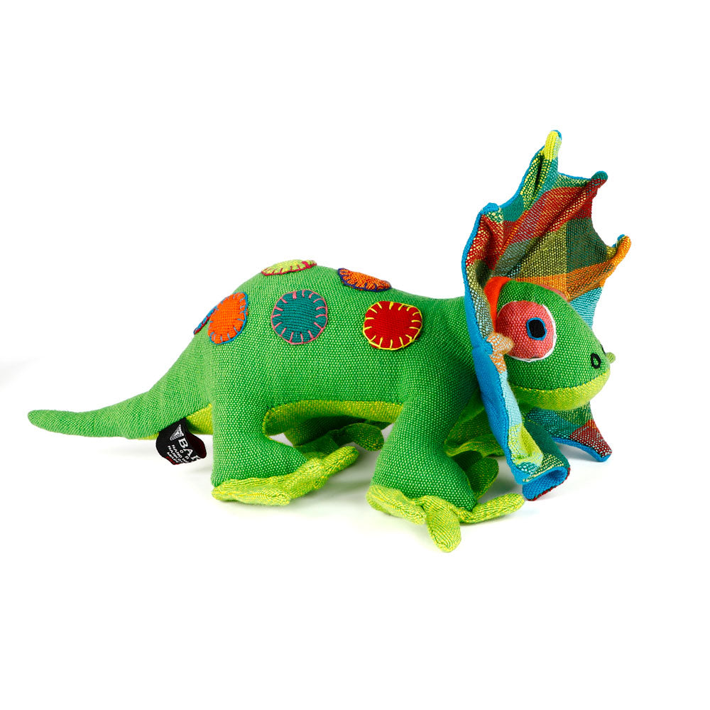Green spotty Frill-Neck Lizard toys handmade from handwoven fabric by Barefoot Toys, on white background
