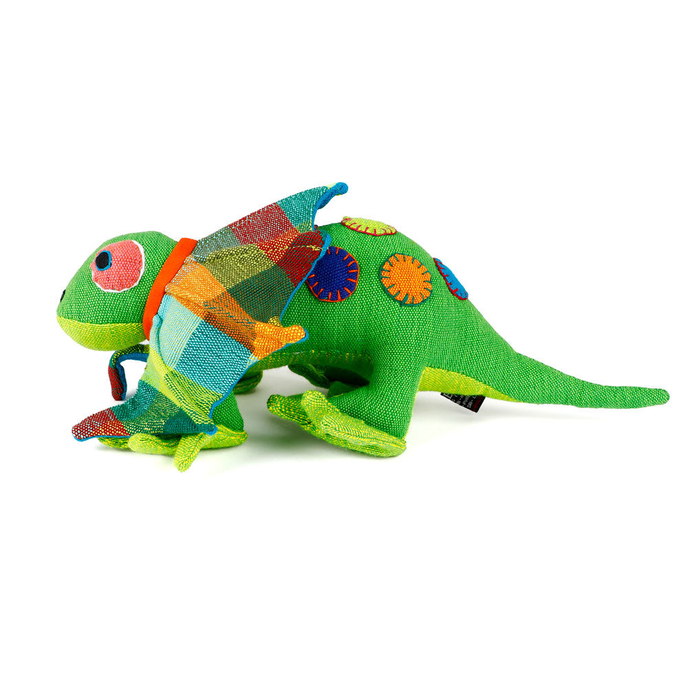Green spotty Frill-Neck Lizard toys handmade from handwoven fabric by Barefoot Toys, on white background