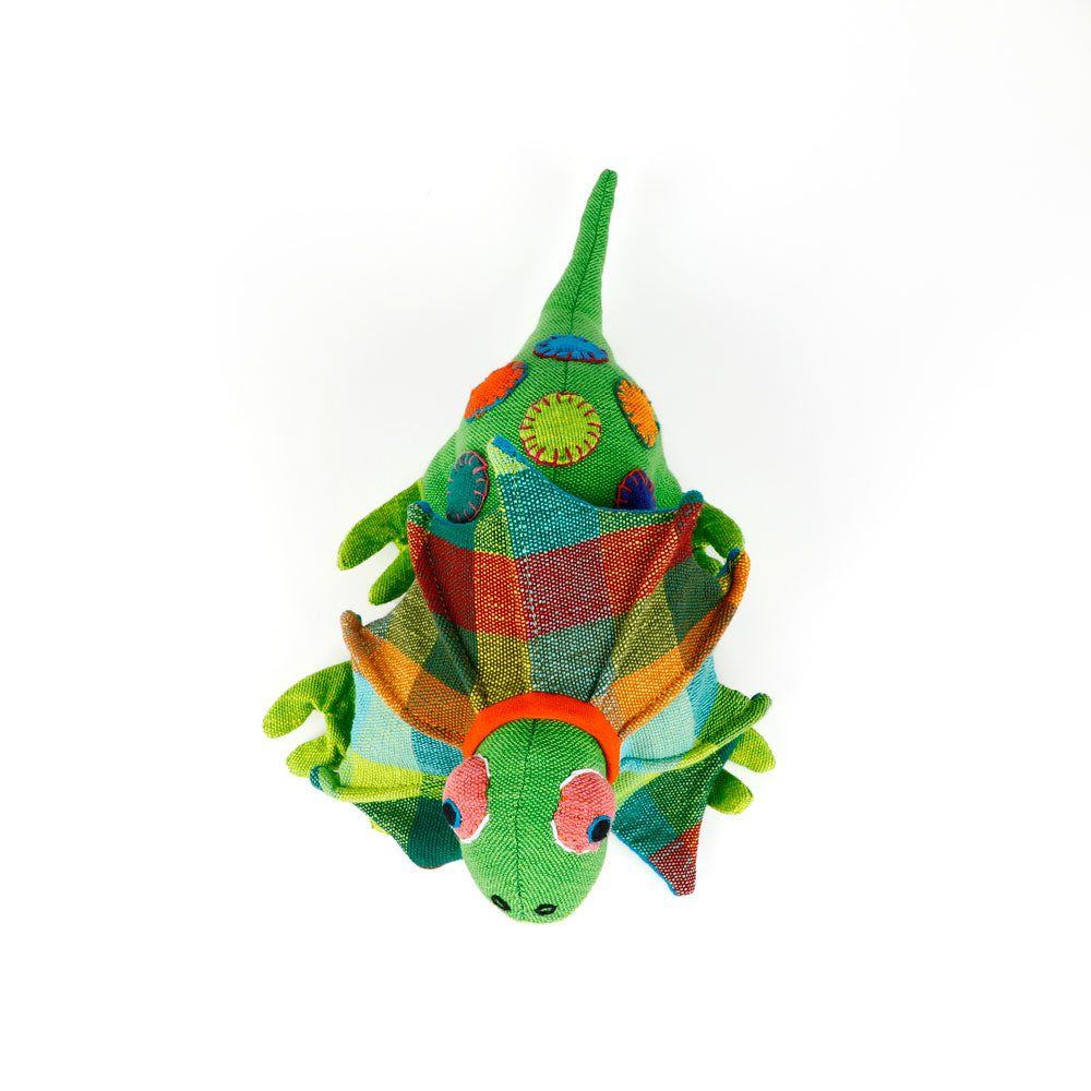 Green spotty Frill-Neck Lizard toys handmade from handwoven fabric by Barefoot Toys, on white background