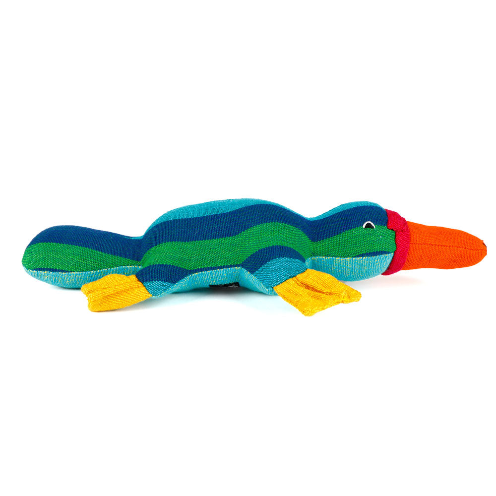 Colorful green striped platypus hand made from handwoven fabric by Barefoot Toys on a white background