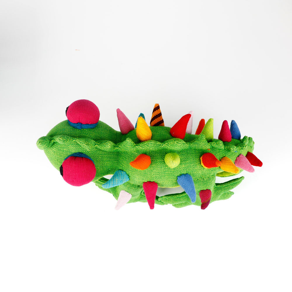 Green Thorny Devil Barefoot Toy hand woven fabric handmade in Sri Lanka, on white background