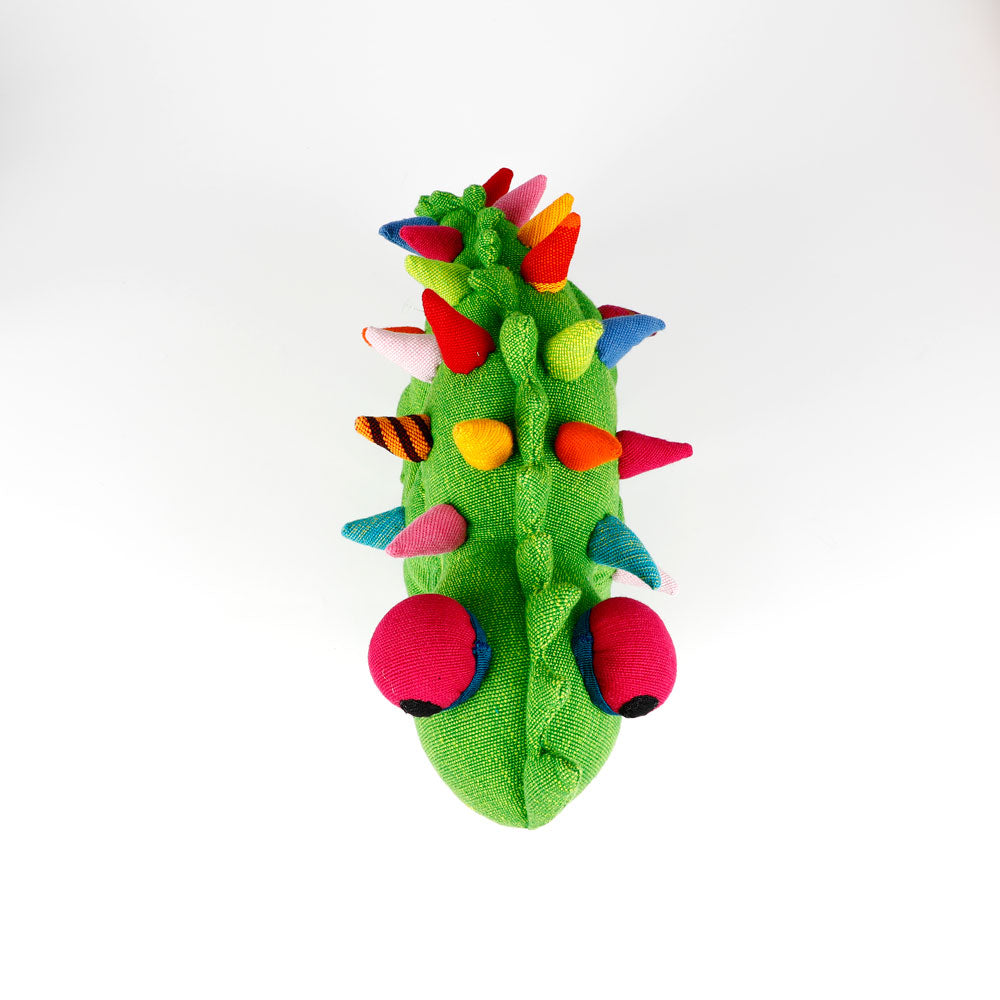Green Thorny Devil Barefoot Toy hand woven fabric handmade in Sri Lanka, on white background