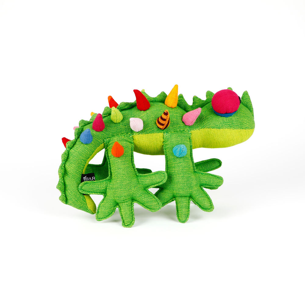 Green Thorny Devil Barefoot Toy hand woven fabric handmade in Sri Lanka, on white background
