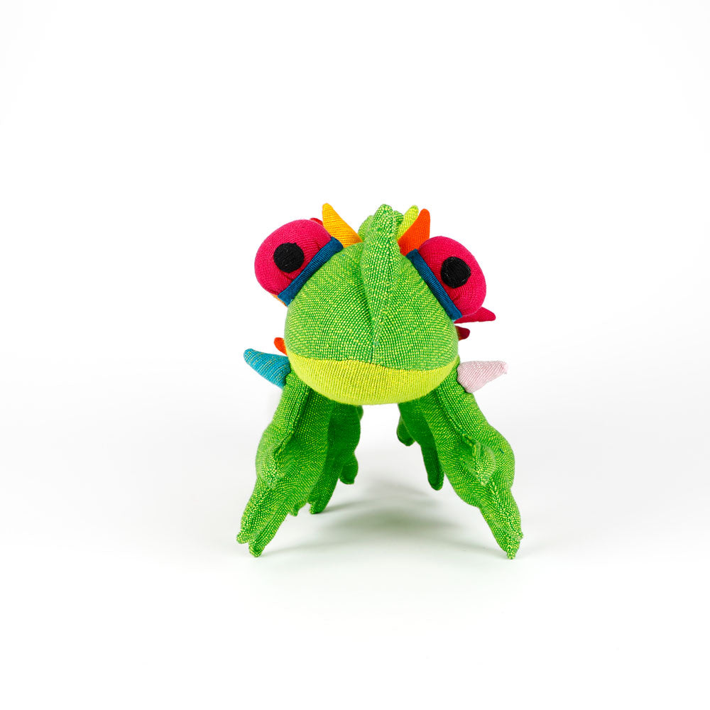 Green Thorny Devil Barefoot Toy hand woven fabric handmade in Sri Lanka, on white background