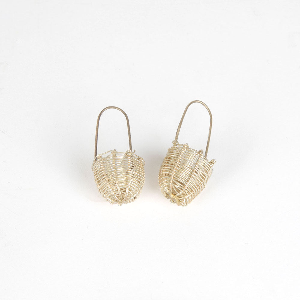 Silver Handwoven dilly bag Earrings on white background
