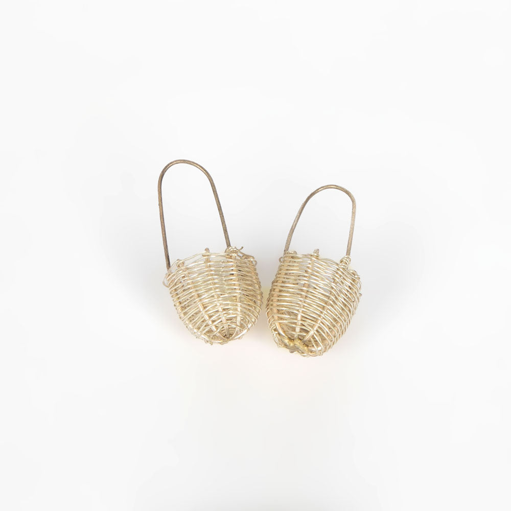 Silver Handwoven dilly bag Earrings on white background