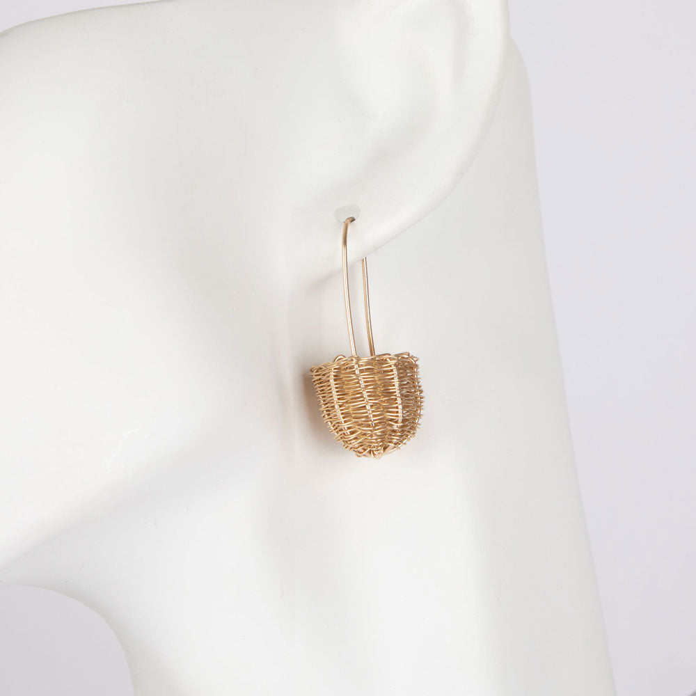 Gold Handwoven Dillybag Earrings on white mannequin background