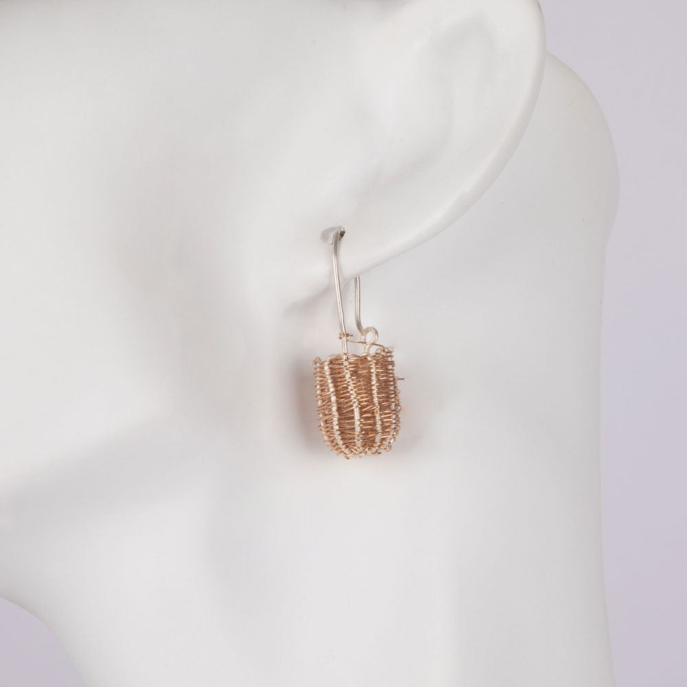Handwoven 9ct Gold and 925 Silver Dillybag Earrings on white mannequin background