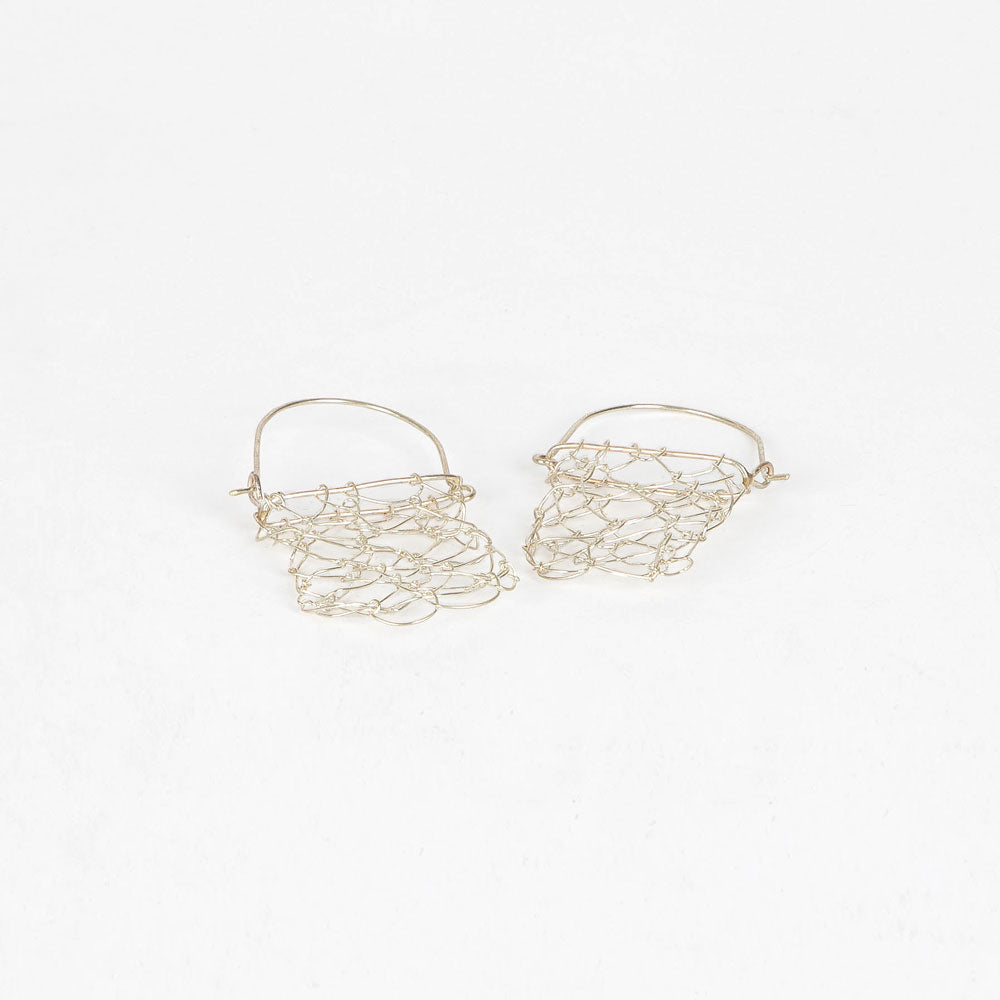 Silver Handwoven string bag Earrings on white background