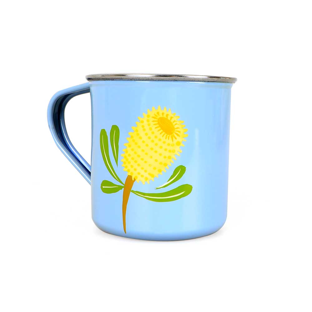 Honeyeater and banksia enamel mug songbird-collection photographed on white background for Australian Museum Shop online
