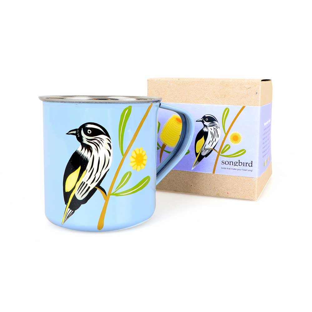 Honeyeater and banksia enamel mug songbird-collection photographed on white background for Australian Museum Shop online