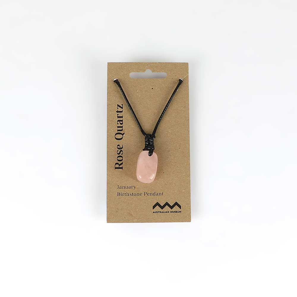 January birthstone pendant on leather and fibre necklace on white background for Australian Museum Shop online