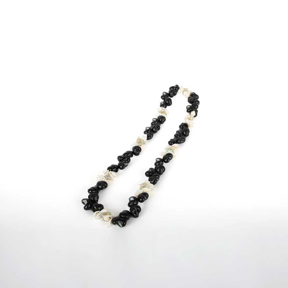 Black crow shell, kelp shell and maireener shell necklace by Jeanette James, Australian Museum shop online