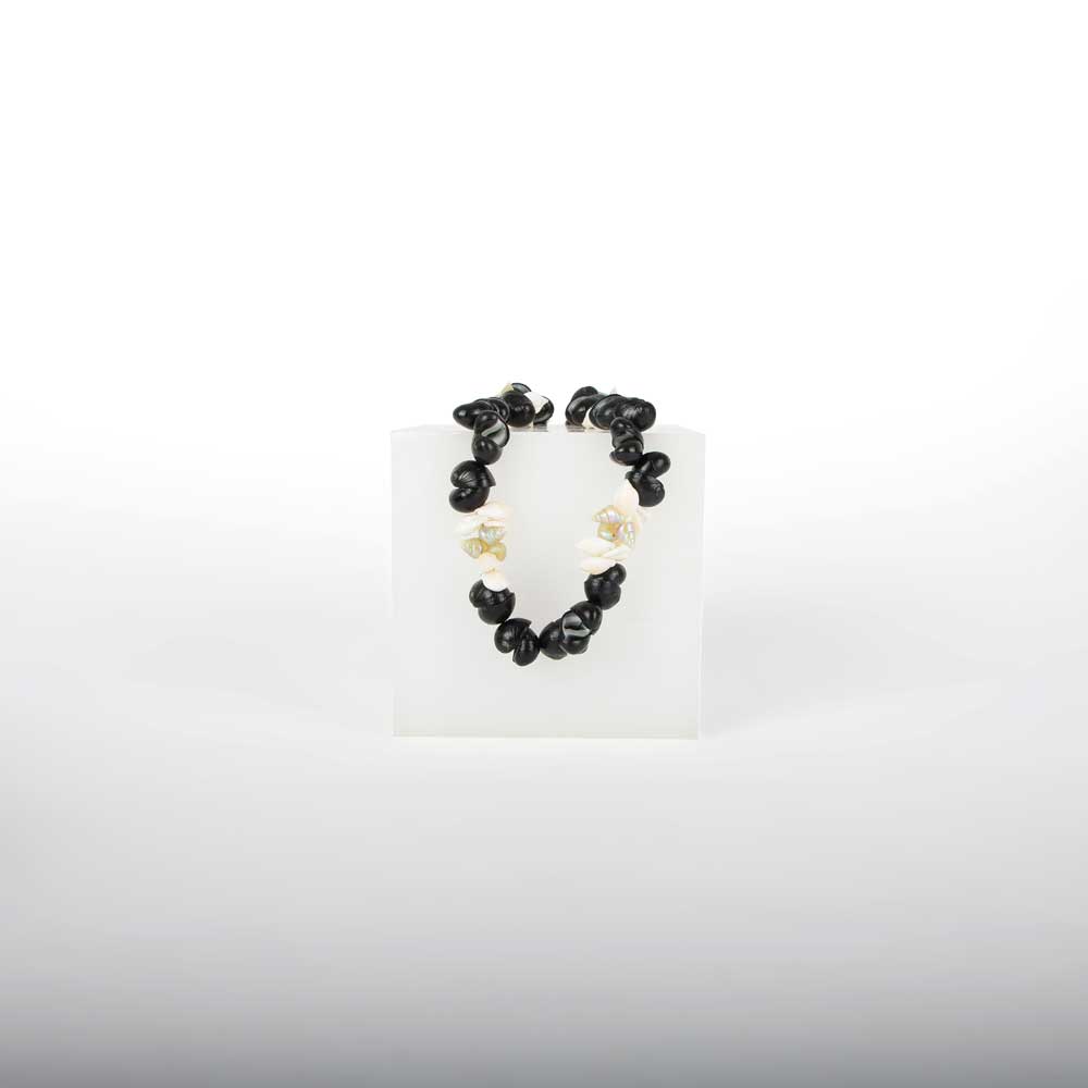 Black crow shell, kelp shell and maireener shell necklace by Jeanette James, Australian Museum shop online