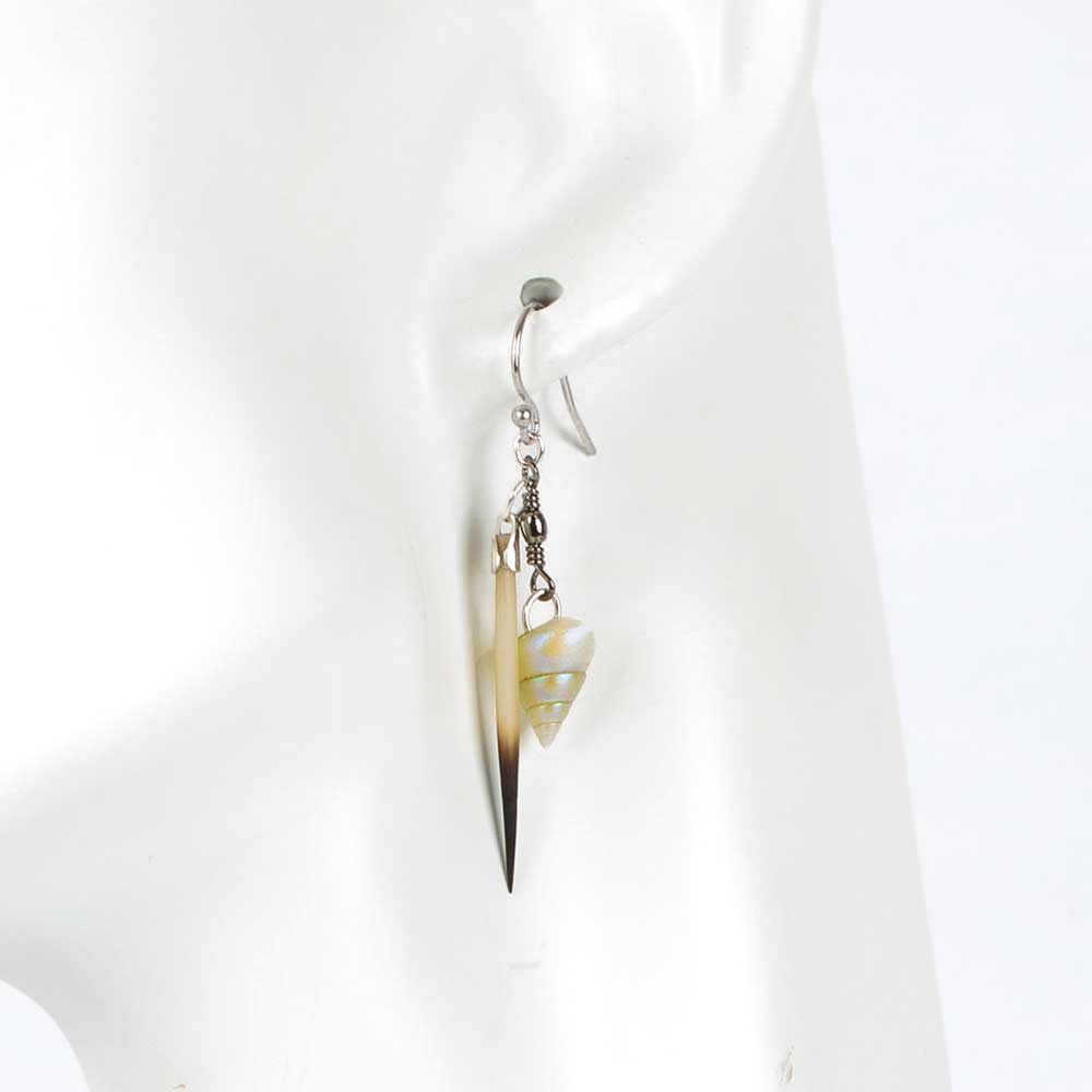 Maireener Shell and Echidna Quill Earrings hand made by Palawa artist, Jeanette James on white background