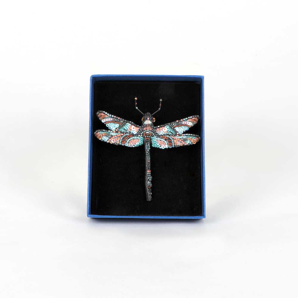 Trovelore Beaded nature brooch hand made in india on white background. Jewelled Dragonfly