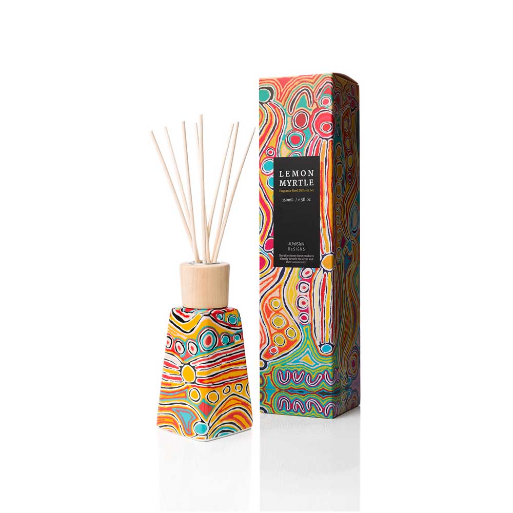 Fragrant reed diffuser set featuring First Nations Artists artwork on white background