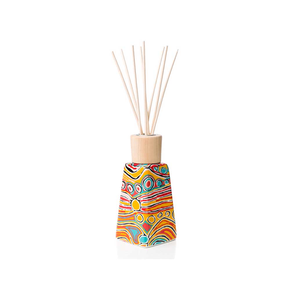 Fragrant reed diffuser set featuring First Nations Artists artwork on white background