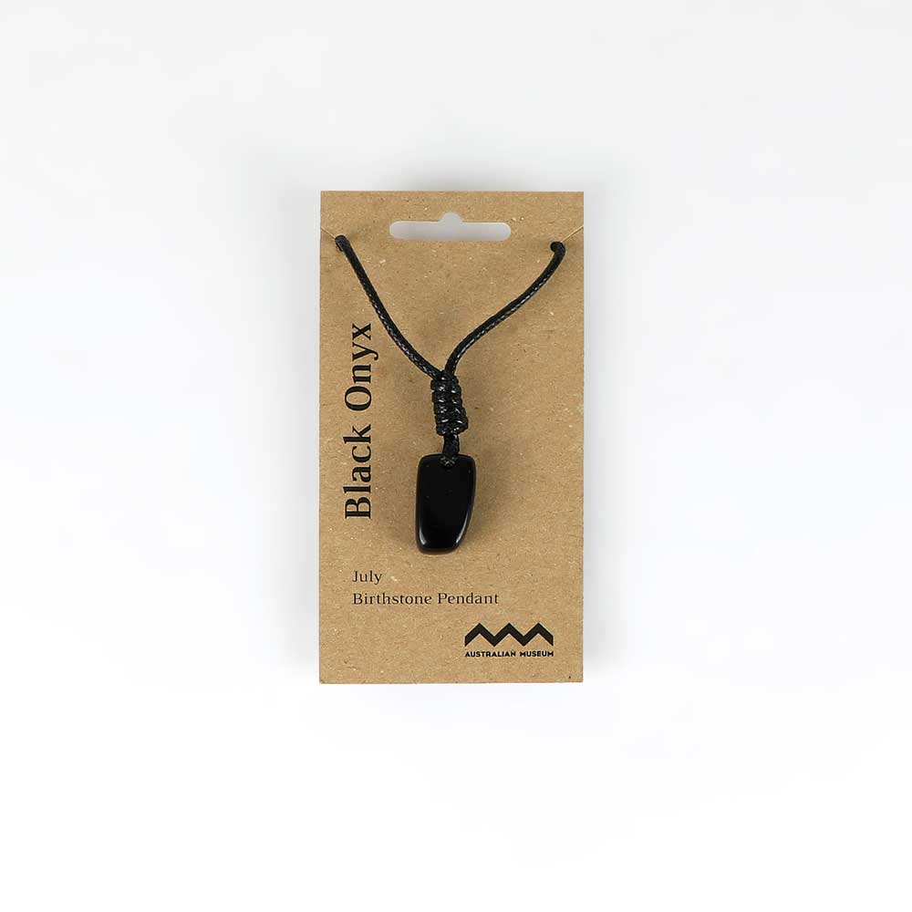 July birthstone pendant on leather and fibre necklace on white background for Australian Museum Shop online