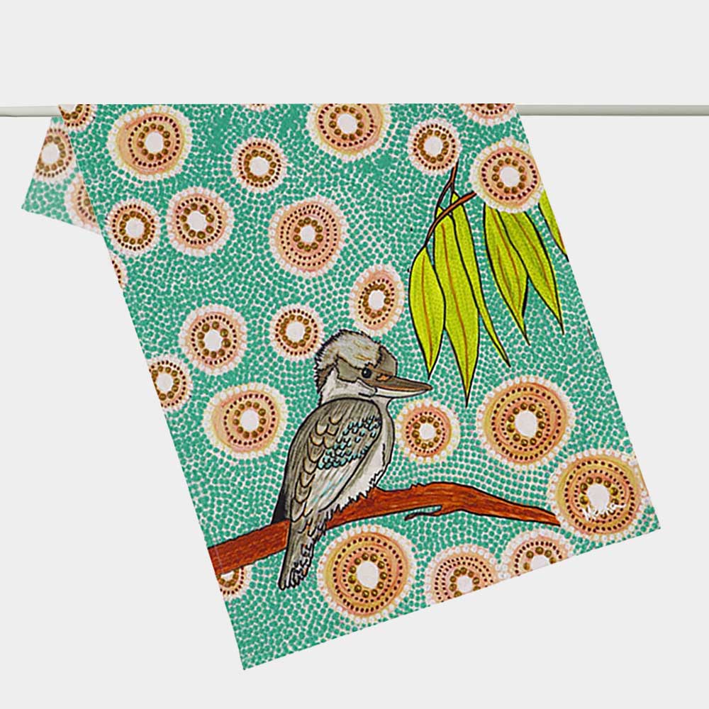 Kookaburra Koh cotton teatowel on white background