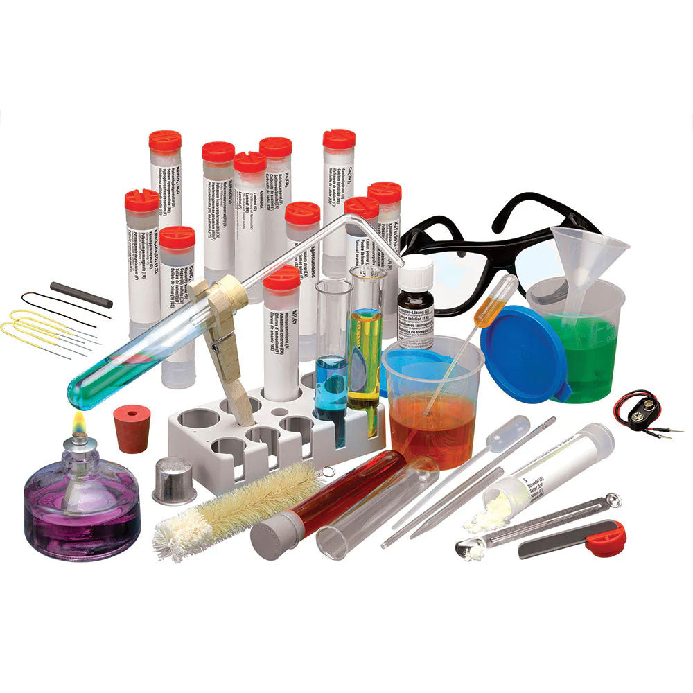 Chemistry lab equipment including test tubes, beakers, and safety glasses on a white background
