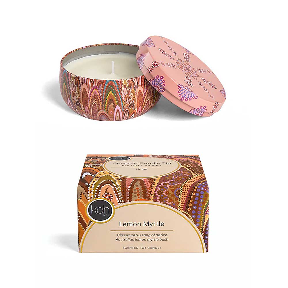 Lemon myrtle candle tin on white background for Australian museum Shop online