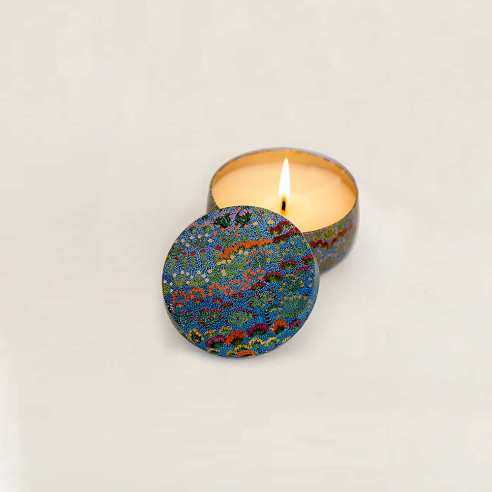 Lemon and eucalyptus candle tin on white background for Australian museum Shop online