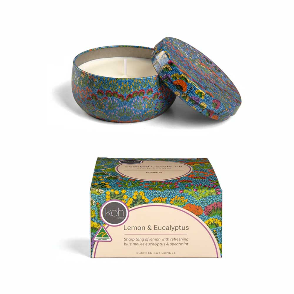 Lemon and eucalyptus candle tin on white background for Australian museum Shop online