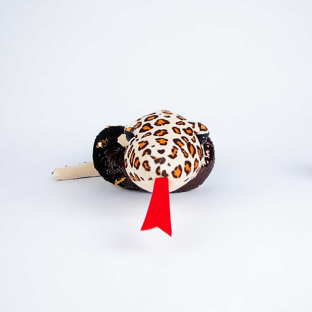 Leopard patterned soft Plush snake with brown sequinned body, made from recycled PET bottles, on white background