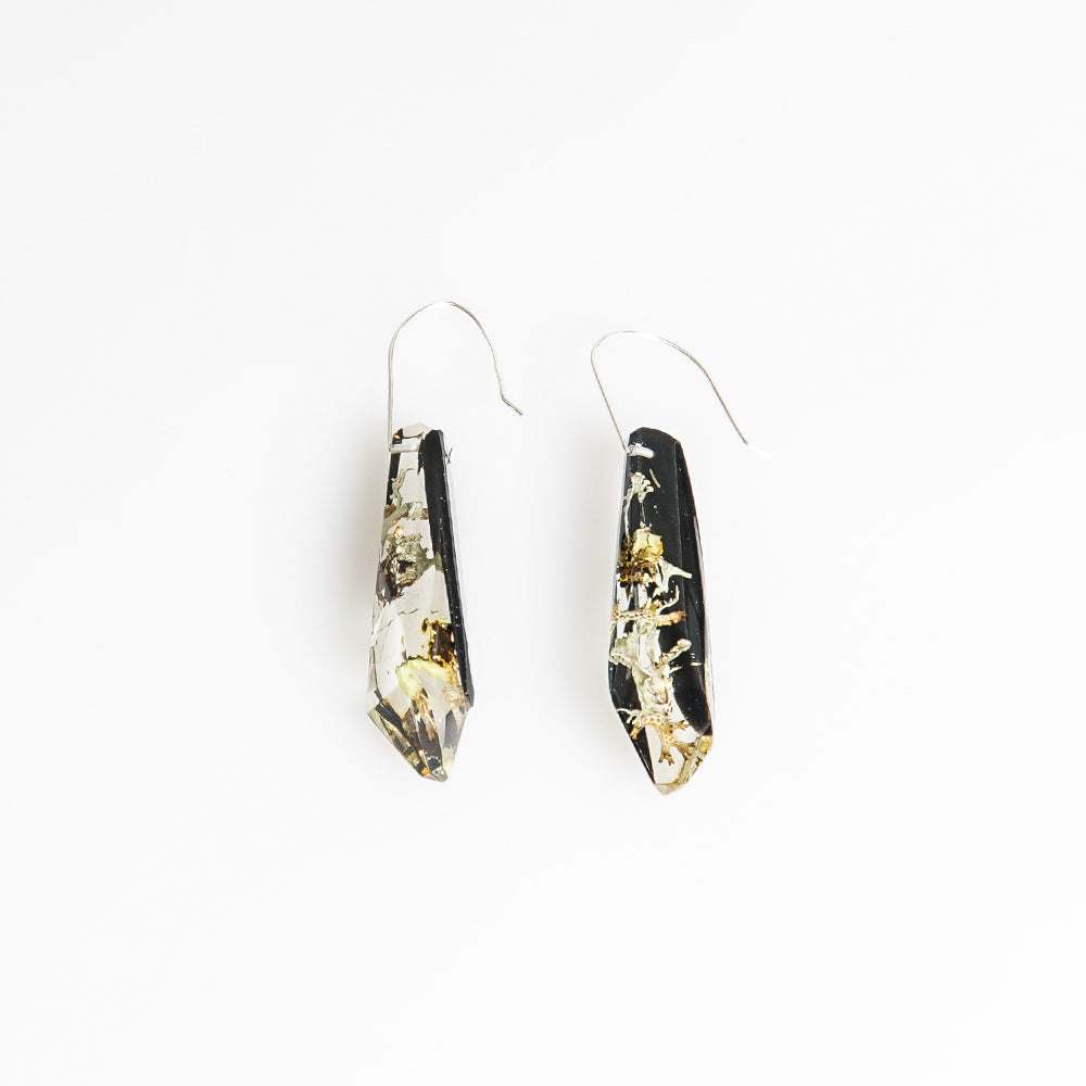 Lichen facetted dangle earrings on white background for Australian Museum Shop online