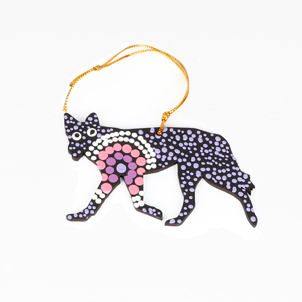 Handpainted desert dog ornaments from Warlukurlangu artists cooperative on white background