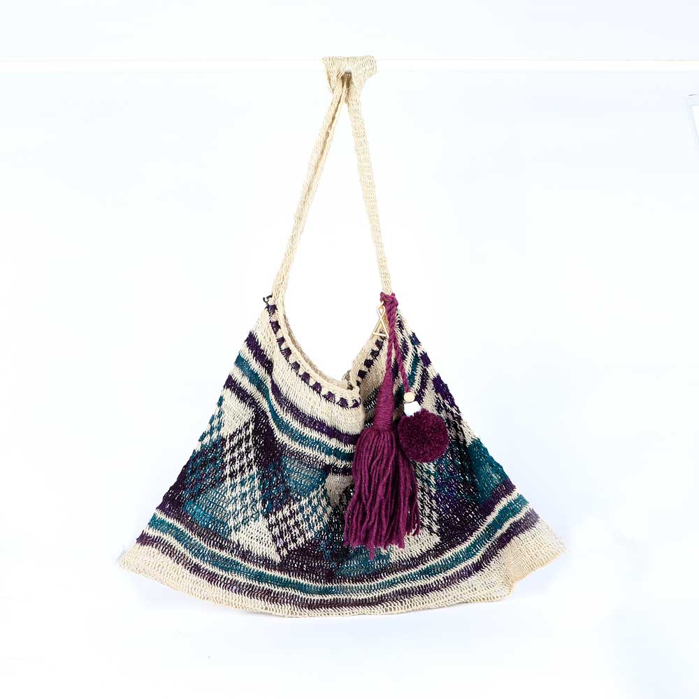 Lina Singu Natural Green Indigo Bilum Bag on white background