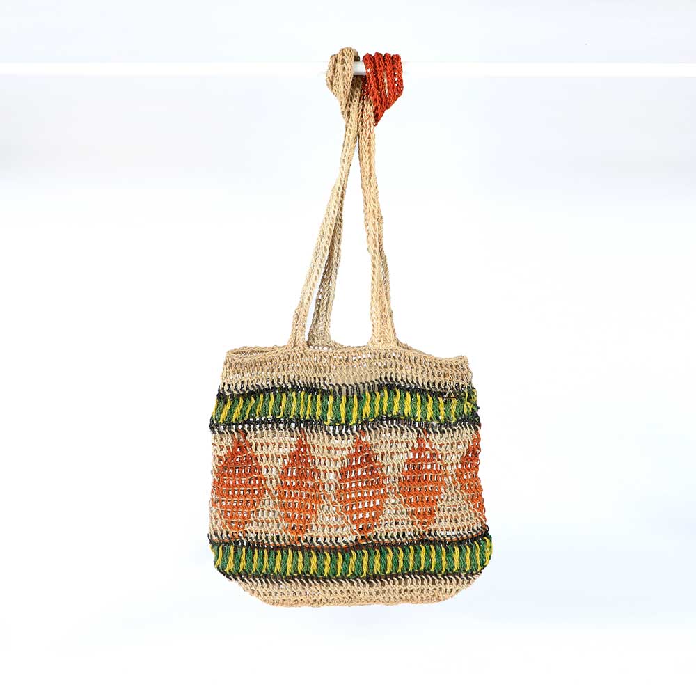 Lina Singu Natural and Citrus Bilum Bag on white background